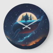 Flying Humpback Whale Moonlight Sea Starry Forests Große Wanduhr (Vorderseite)