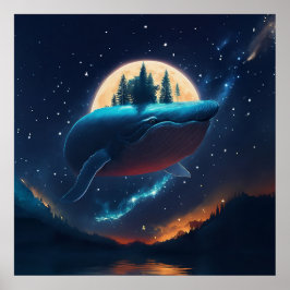 Flying Humpback Whale Moonlight Sea Starry Forests Poster