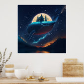 Flying Humpback Whale Moonlight Sea Starry Forests Poster (Küche)