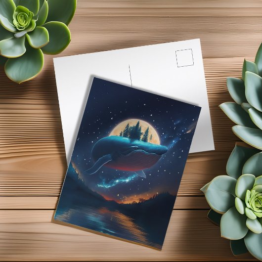 Flying Humpback Whale Moonlight Sea Starry Forests Postkarte