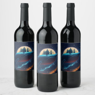Flying Humpback Whale Moonlight Sea Starry Forests Weinetikett