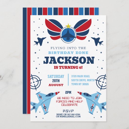 Flying Jet Birthday Boy Flugzeug Army Base Forces Einladung (Vorne/Hinten)