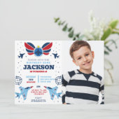 Flying Jet Birthday Boy Flugzeug Army Foto Forces Einladung (Stehend Vorderseite)