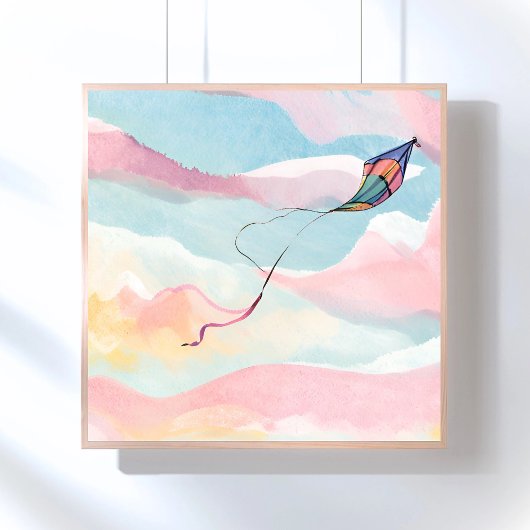 Flying Kite | Airy Watercolor Sky Painting Poster