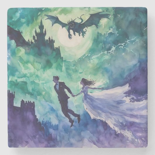 Flying Lovers - Aquarellmalerei Steinuntersetzer (Vorderseite)