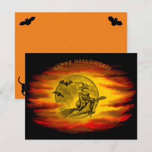 Flying mit schwarzer Katze , halloween night (Vorne/Hinten)