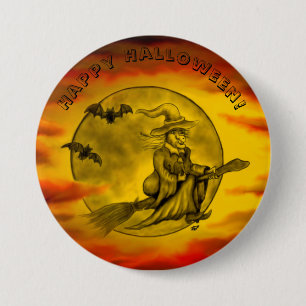 Flying mit schwarzer Katze , halloween night Button