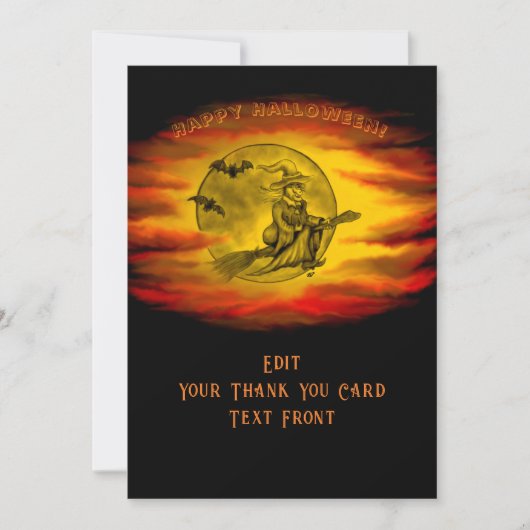Flying mit schwarzer Katze , halloween night Dankeskarte (Vorderseite)