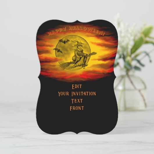 Flying mit schwarzer Katze , halloween night Einladung (Stehend Vorderseite)