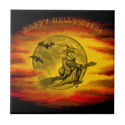 Flying mit schwarzer Katze , halloween night Fliese (Vorderseite)