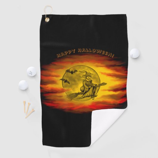 Flying mit schwarzer Katze , halloween night Golfhandtuch (Insitu)