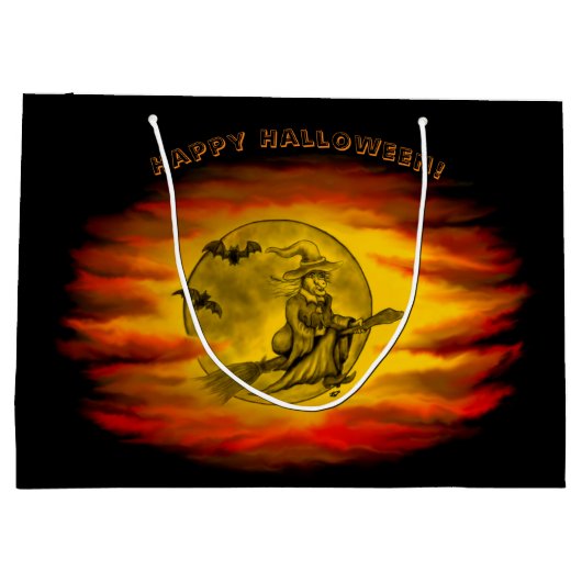 Flying mit schwarzer Katze , halloween night Große Geschenktüte (Rückseite)
