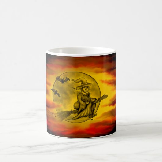 Flying mit schwarzer Katze , halloween night Kaffeetasse (Mittel)