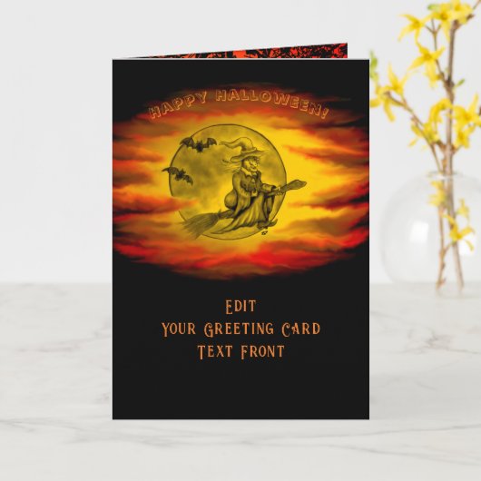 Flying mit schwarzer Katze , halloween night Karte (Gelbe Blume)