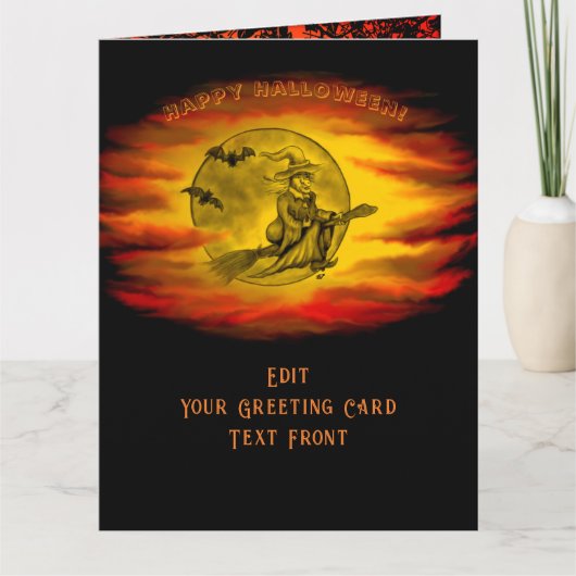Flying mit schwarzer Katze , halloween night Karte (Vorderseite)