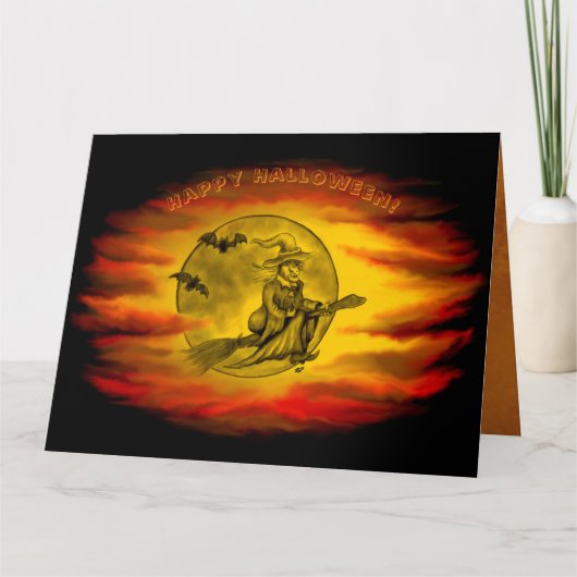 Flying mit schwarzer Katze , halloween night Karte (Vorderseite)