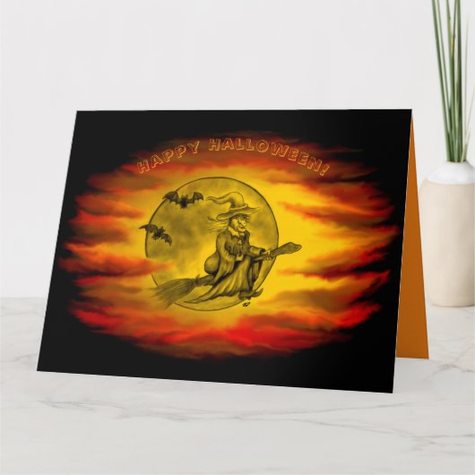 Flying mit schwarzer Katze , halloween night Karte (Vorderseite)