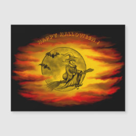 Flying mit schwarzer Katze , halloween night Magnetkarte