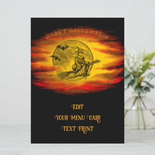 Flying mit schwarzer Katze , halloween night Menükarte (Stehend Vorderseite)