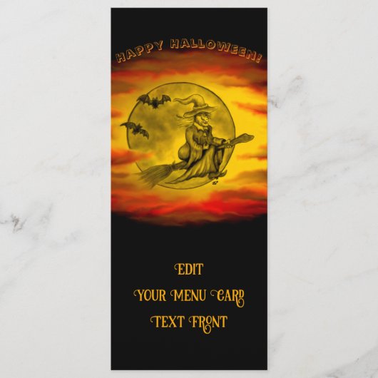 Flying mit schwarzer Katze , halloween night Menükarte (Vorderseite)