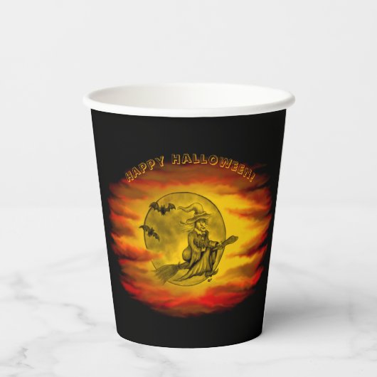 Flying mit schwarzer Katze , halloween night Pappbecher (Rückseite)