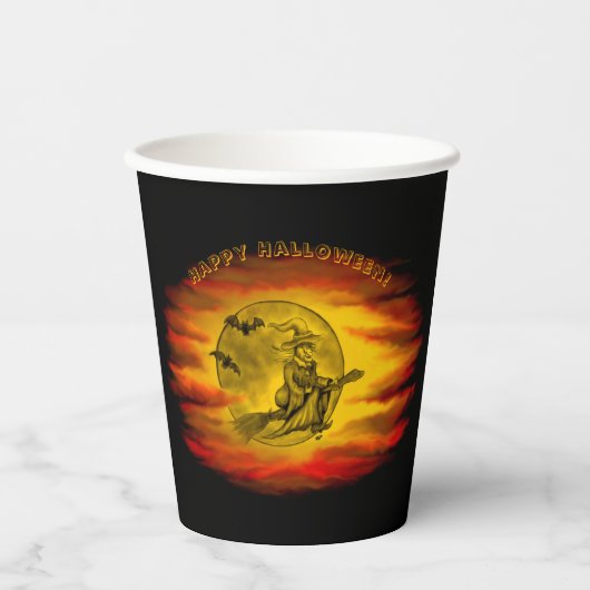 Flying mit schwarzer Katze , halloween night Pappbecher (Vorderseite)
