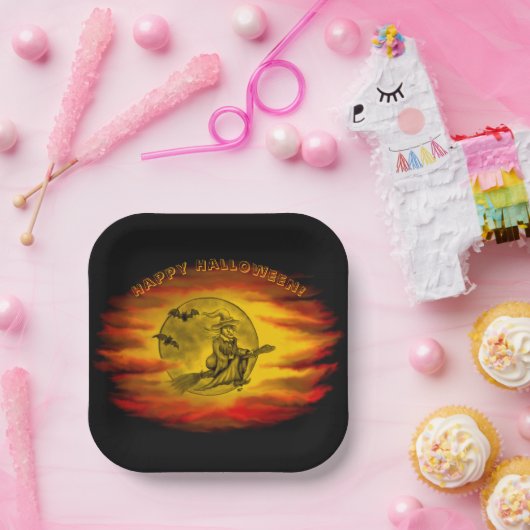 Flying mit schwarzer Katze , halloween night Pappteller (Party)