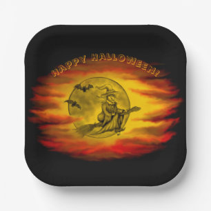 Flying mit schwarzer Katze , halloween night Pappteller