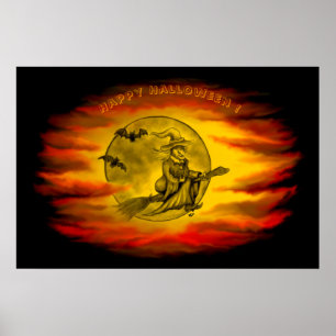 Flying mit schwarzer Katze , halloween night Poster