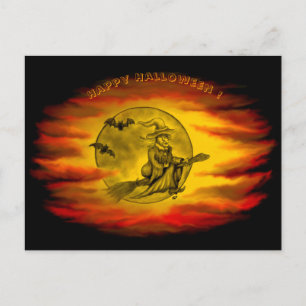 Flying mit schwarzer Katze , halloween night Postkarte