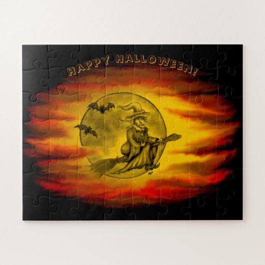 Flying mit schwarzer Katze , halloween night Puzzle (Horizontal)