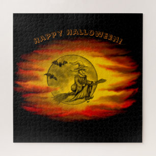 Flying mit schwarzer Katze , halloween night Puzzle