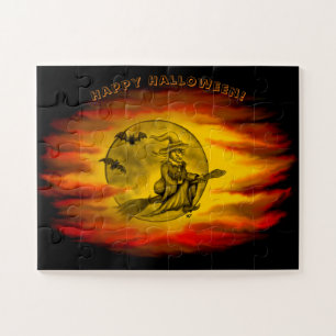 Flying mit schwarzer Katze , halloween night Puzzle