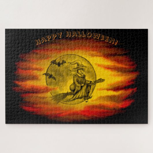 Flying mit schwarzer Katze , halloween night Puzzle (Horizontal)
