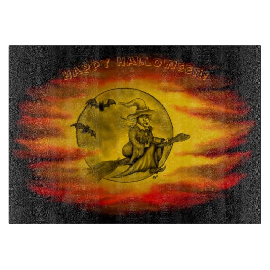Flying mit schwarzer Katze , halloween night Schneidebrett (Vorderseite)