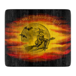 Flying mit schwarzer Katze , halloween night Schneidebrett