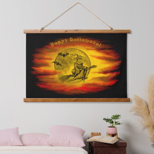 Flying mit schwarzer Katze , halloween night Wandteppich Mit Holzrahmen (Schlafzimmer)