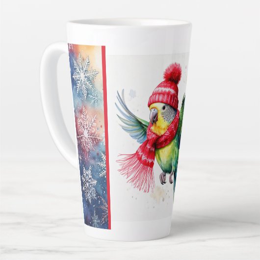 Flying Parakeet in Winter Hat und Scarf Latte Tass Milchtasse (Linke Ecke)