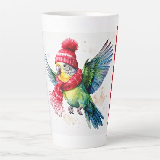Flying Parakeet in Winter Hat und Scarf Latte Tass Milchtasse (Vorderseite)