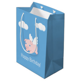Flying Pig Birthday Blue Mittlere Geschenktüte