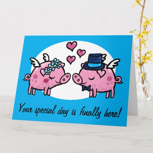 Flying Pig Brie and Groom personalisierbare Gruß C Karte (Gelbe Blume)