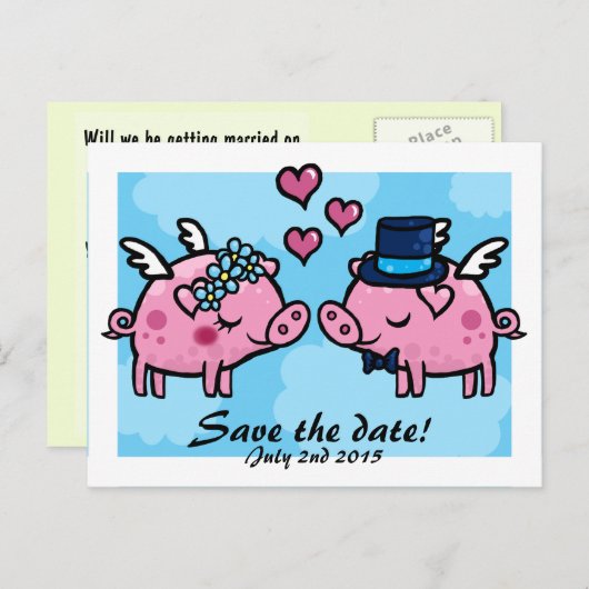 Flying Pig Brie and Groom Save the Date Postkarte (Vorne/Hinten)