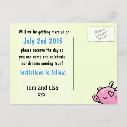 Flying Pig Brie and Groom Save the Date Postkarte (Rückseite)