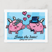 Flying Pig Brie and Groom Save the Date Postkarte (Vorderseite)