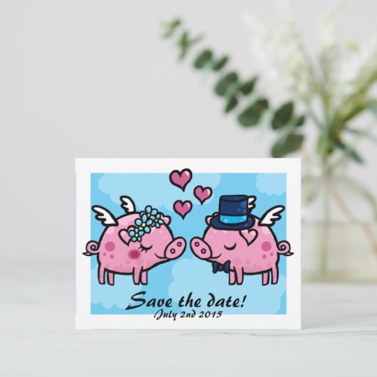 Flying Pig Brie and Groom Save the Date Postkarte (Stehend Vorderseite)
