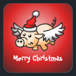 Flying Pig Christmas Classic Square Sticker<br><div class="desc">Das fliegende Weihnachtsschwein auf einem klassischen Square Sticker. Personalisieren Sie Text.</div>