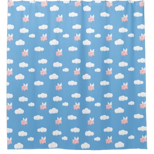 Flying Pig Cute Piglet with Wings on Blue Pattern Duschvorhang (Vorderseite)