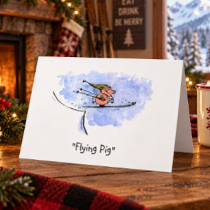 "Flying Pig" Funny Ski Jump Pig Athlete Urlaub Feiertagskarte
