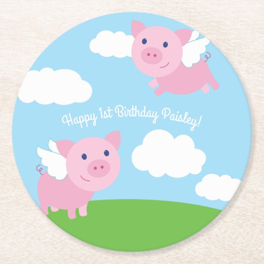 Flying Pig Geburtstagsparty Kinder Runder Pappuntersetzer (Vorderseite)
