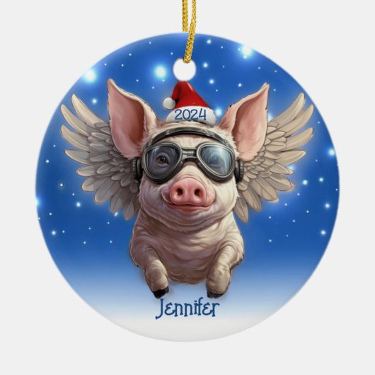 Flying Pig mit Santa Cap Personalisierte Ornament (Vorne)
